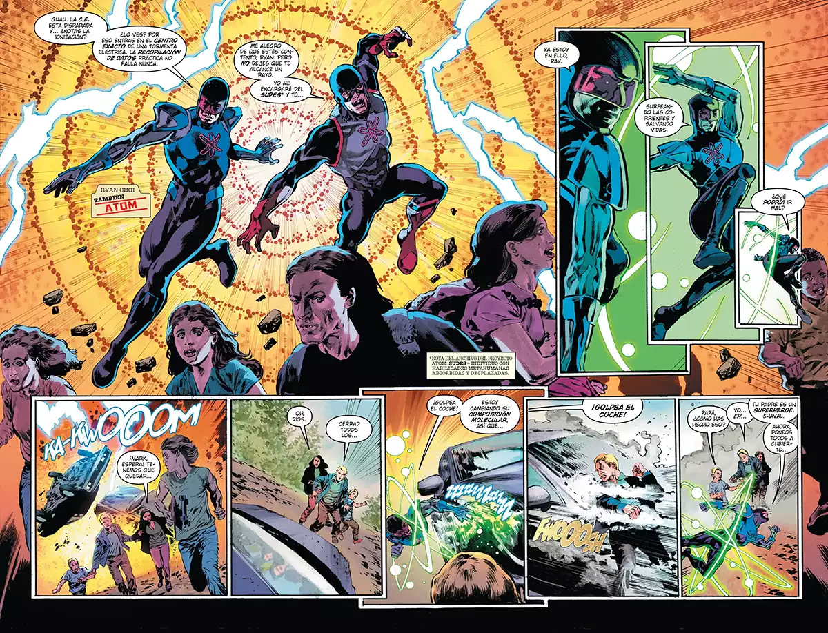 Página doble de Justice League: The Atom Project. Créditos: Panini/DC