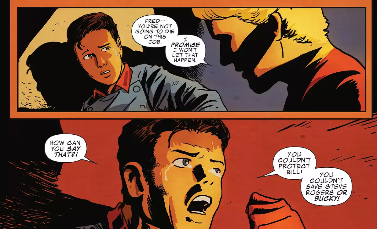 La Antorcha Humana intenta consolar al segundo Bucky. Créditos: Panini/Marvel