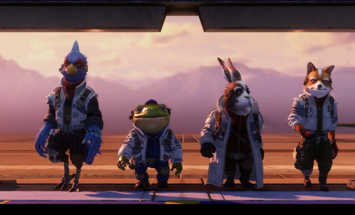 Fox Mcloud, Peppy Hare, Falco Lombardi y SlippyToad en el videojuego de Star Fox. Créditos: Nintendo