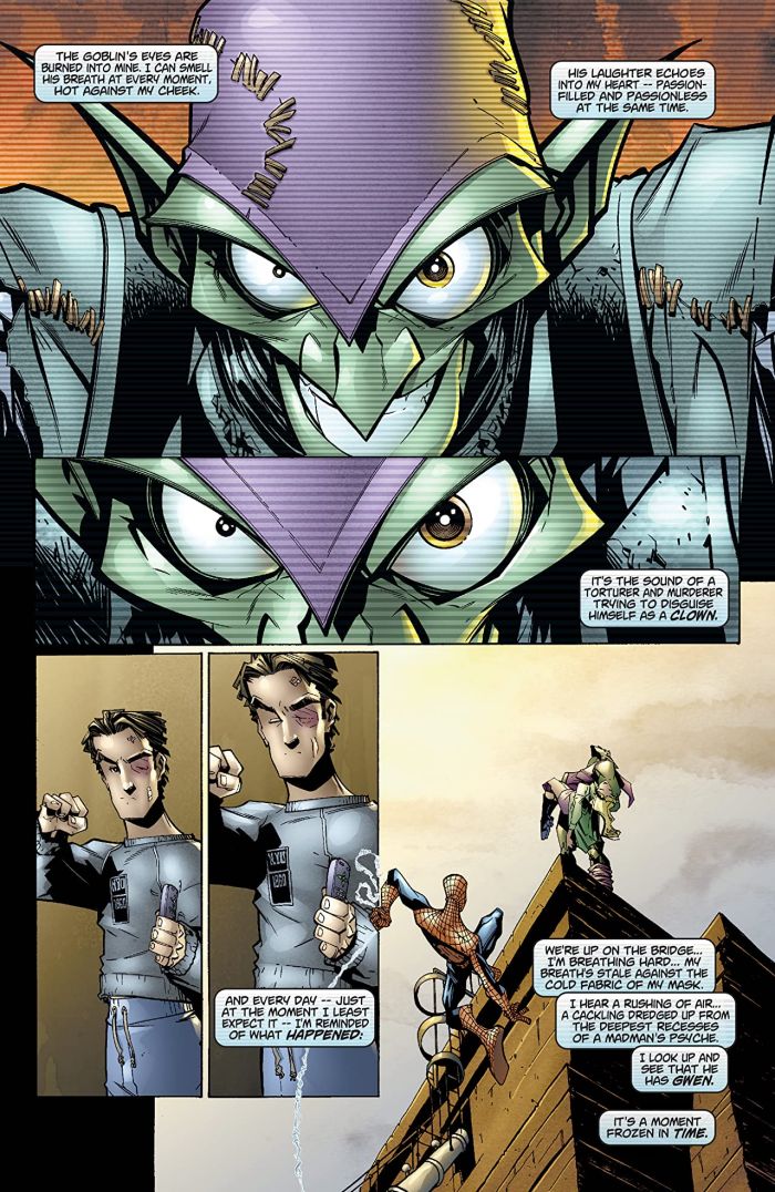 Página del cómic El regreso del Duende Verde, de Jenkins y Ramos, editado por Marvel Comics