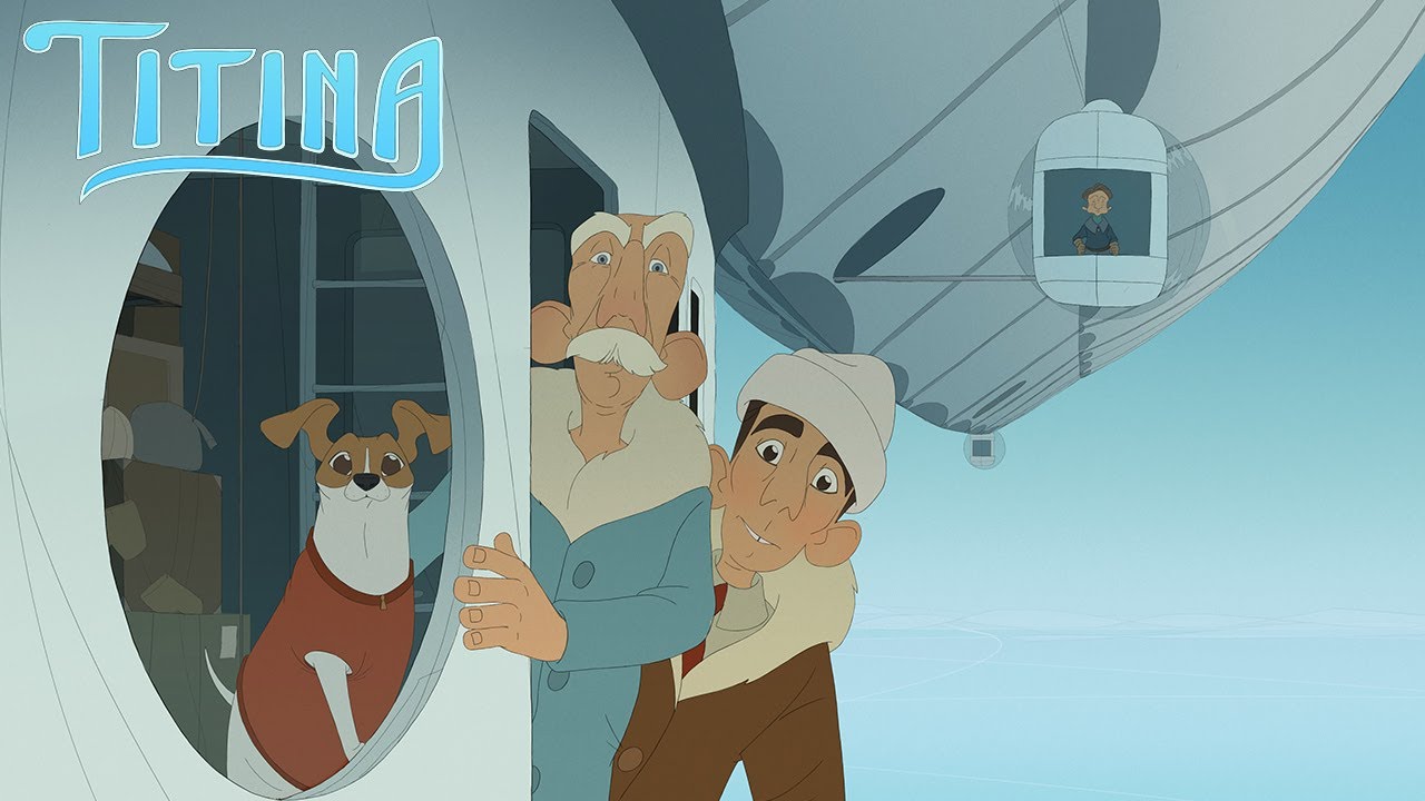 Cartel de la película Titina, con Titina a la derecha, Roald Amundsen en el centro y Umberto Nobile a la derecha
