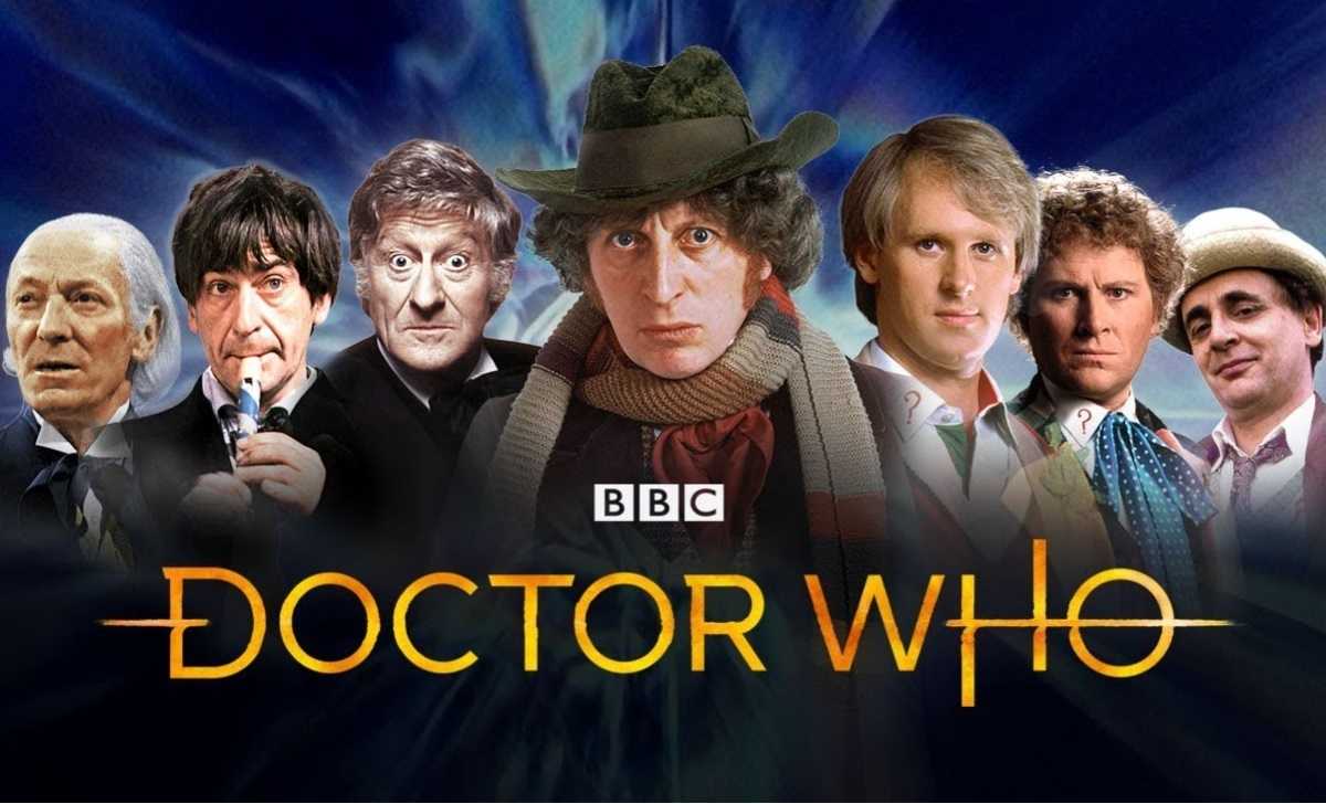 Cabecera de la serie de la BBC Doctor Who con 7 encarnaciones del Doctor, el personaje protagonista, las de la etapa clásica