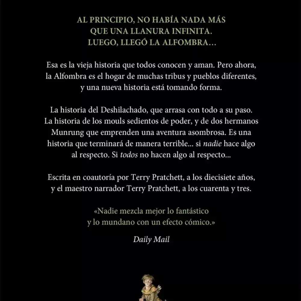 Contraportada de El pueblo de la alfombra de Terry Pratchett. Créditos: Minotauro