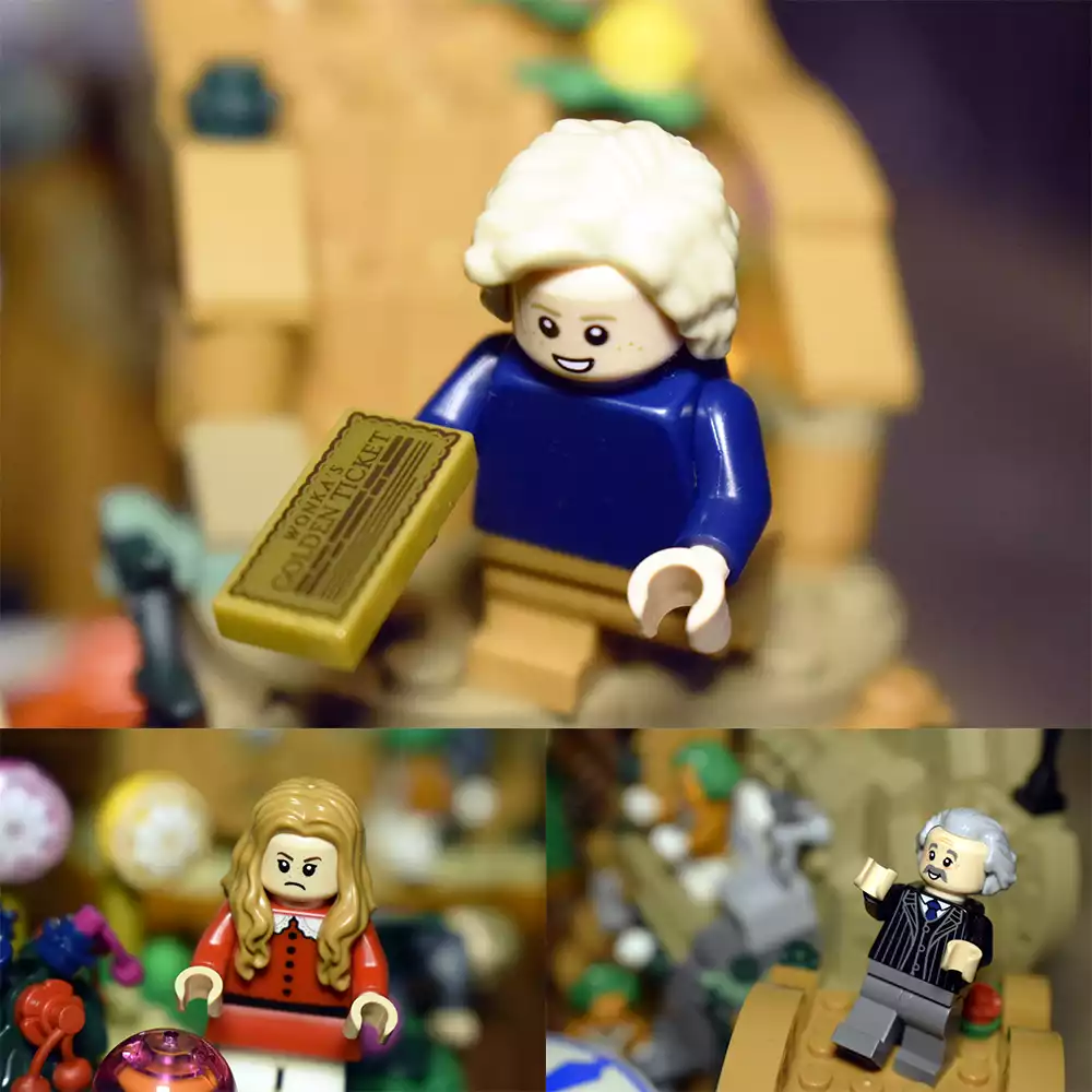 Charlie, Veruca y el abuelo Joe en el set de Willy Wonka de LEGO. Créditos: docpastor.com - Amamos la Cultura Pop